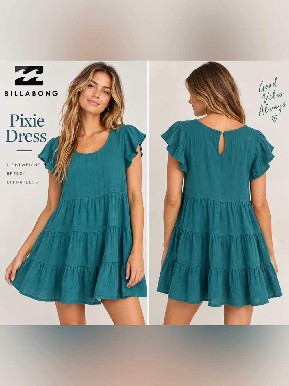Billabong Pixie Mini Dress Teal Green Cotton Gauze NWT Small